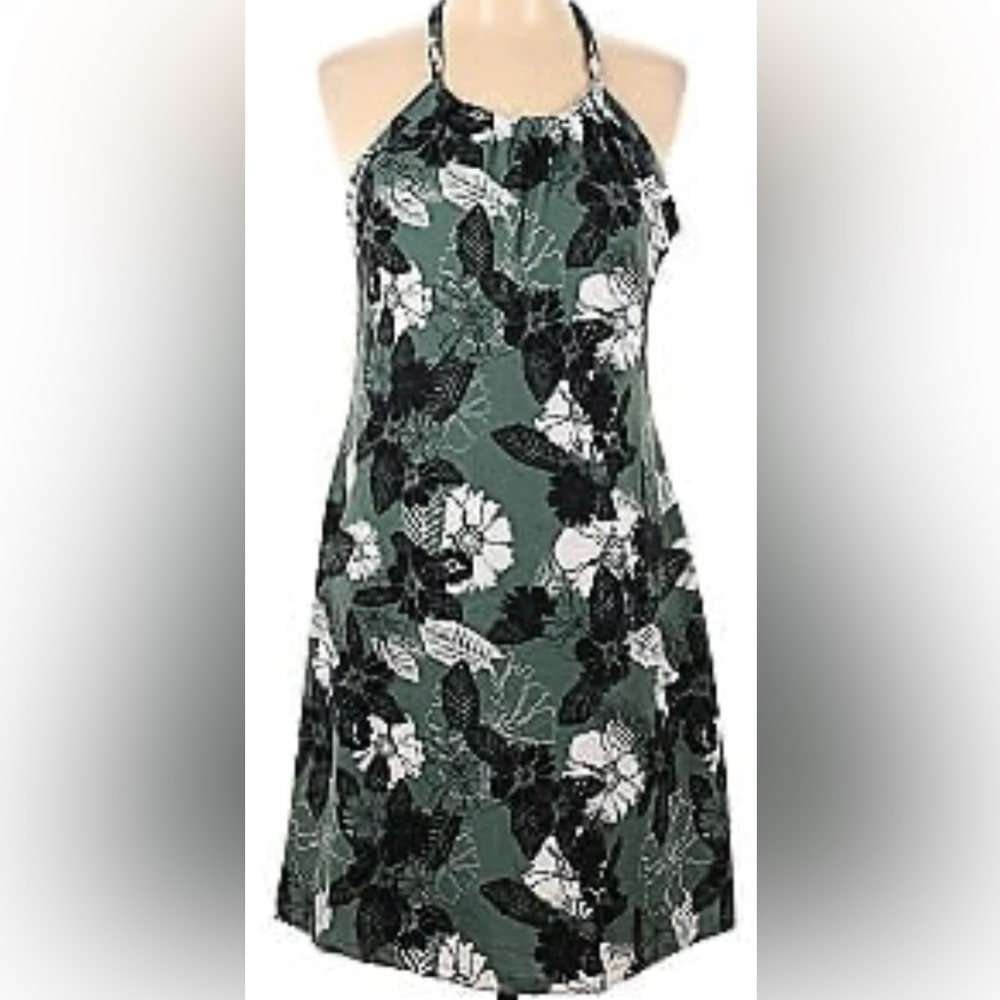 Peace & Pearls women’s XL floral sleeveless green, white & black halter sundress